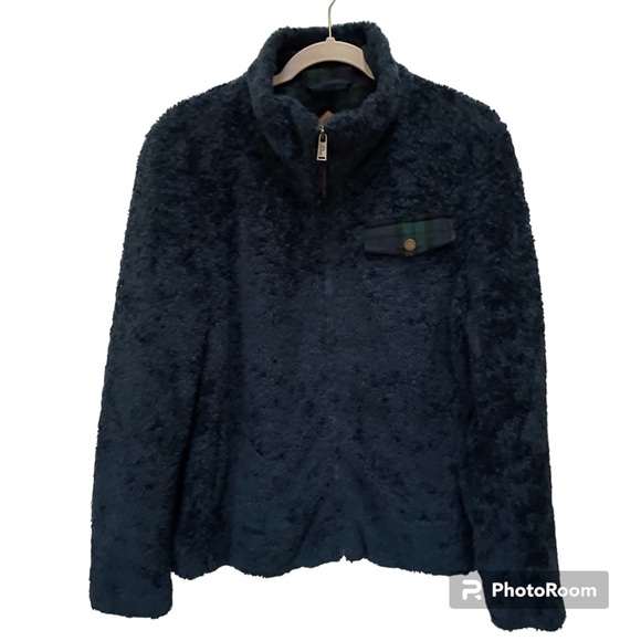 Pendleton Sherpa Fleece Zip Up Jacket Sz Large in Blue Green Faux Fur Plaid Trim - Picture 4 of 12